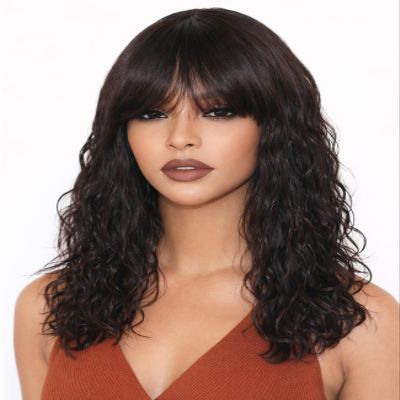 ManeMajesty 18 Inch Natural Wave Wig with Bangs Human Hair Natural Color