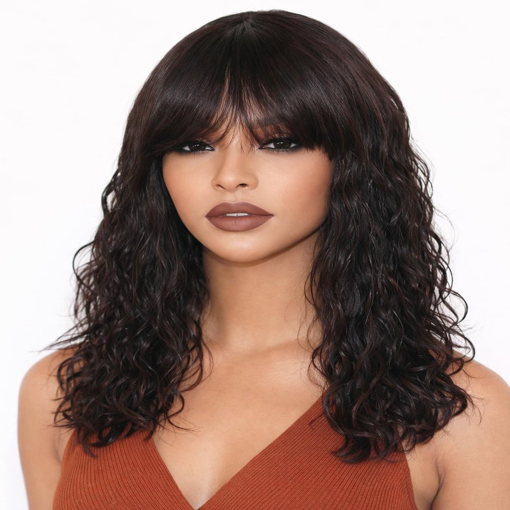 ManeMajesty 18 Inch Natural Wave Wig with Bangs Human Hair Natural Color