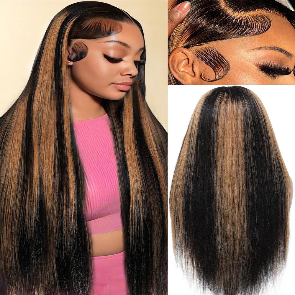 KUKIM 30 Inch Ombre Straight Wigs Human Hair 13x6 HD Transparent Lace Front Wigs Human Hair Pre Plucked 200 Density Highlight Real frontal Wig Can Last 6-9 Months Tangle-Free Natural Black for Women