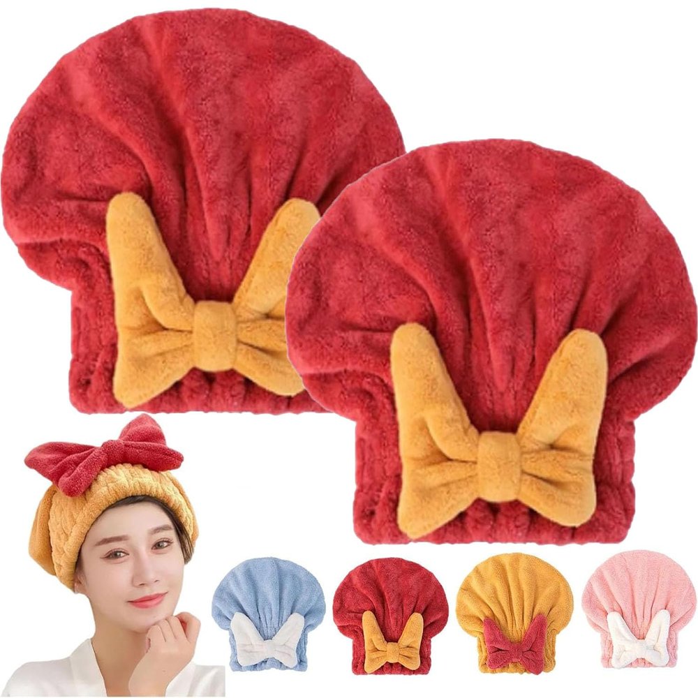 Asnearby New Super Absorbent Hair Towel Wrap for Wet Hair, Microfiber Bow Tie Hair Towel Wrap, Super Absorbent Hair Towel for Long Wet Plopping Towel Curly Hair Head Towels (2pcs*Red)