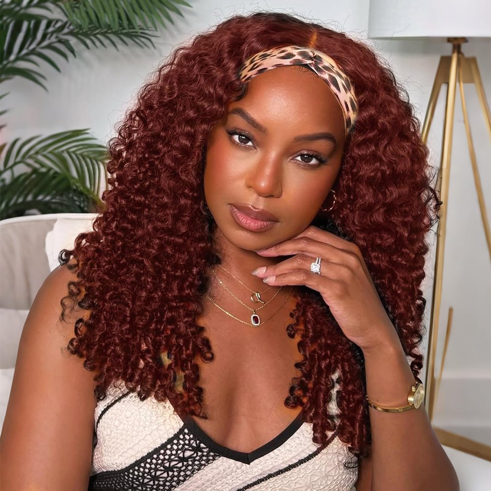 Punmasa 18 Inches Headband Wig Human Hair Deep Wave Reddish Brown None Lace Front Wig Machine Made Brazilian Virgin Glueless Wear and Go Curly Headband Half Wigs for Black Women