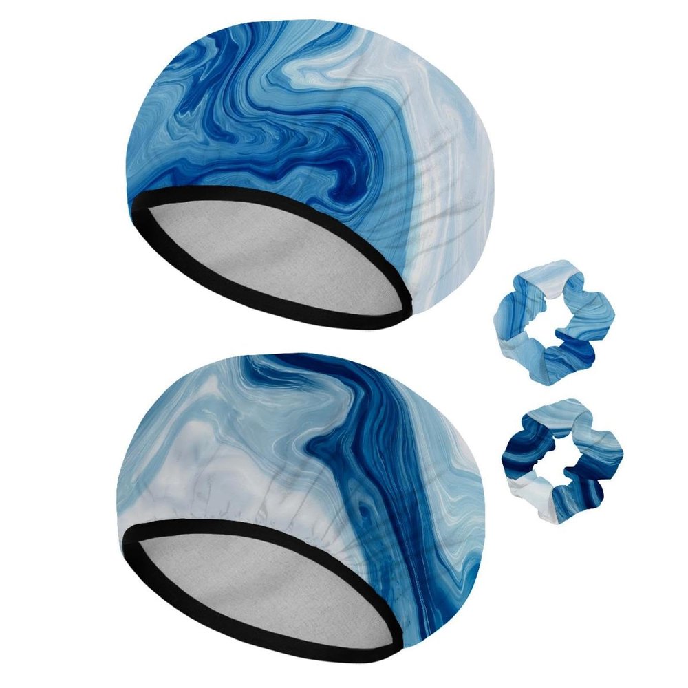 2 PCS Bathing Shower Cap Blue and White Abstract Marble Elastic Adjustable Hair Bath Caps for Women Girl with Hair Scrunchy