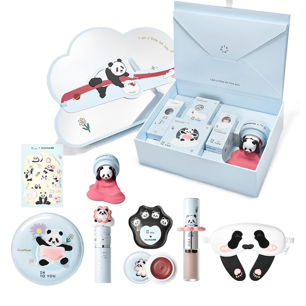 INTO YOU x M.Lan Panda The Color Mixer Set Limited Edition - 7 pieces Makeup Box Sets, Matte Lipstick + Canned Lip Mud + Blush & Highlight Duo + Cushion Foundation + Gift Bundle, M02 Set