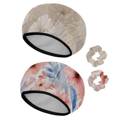 2 PCS Bathing Shower Cap Beige Florals Elastic Adjustable Hair Bath Caps for Women Girl with Hair Scrunchy