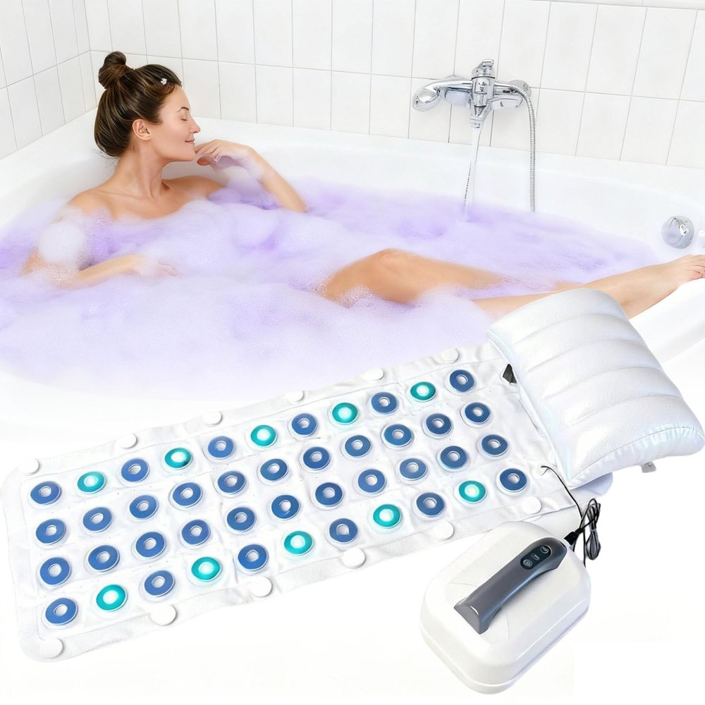 levigationlu Bubble Bath Mat Tub Spa Massager, Portable Spa Bubble Bath Massager with Non-Slip Suction Cup, 7-Color LED Lights, Air Pump, Pillow and Remote for Relaxation 4417in