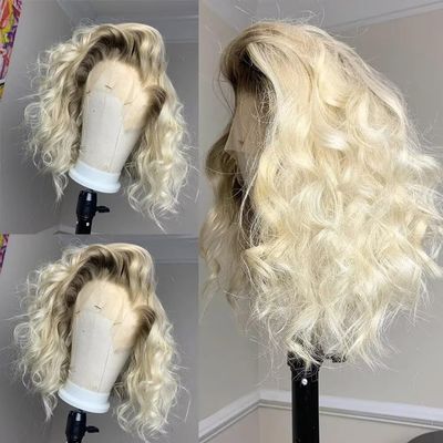 oulaer Short Bob 613 Blonde Ombre Body Wave Lace Front Wigs Human Hair For Women Black Roots HD Transparent Lace Frontal Wigs Pre Plucked Natural Hairline 150% Density 16Inch