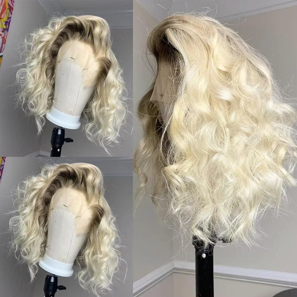 oulaer Short Bob 613 Blonde Ombre Body Wave Lace Front Wigs Human Hair For Women Black Roots HD Transparent Lace Frontal Wigs Pre Plucked Natural Hairline 150% Density 16Inch