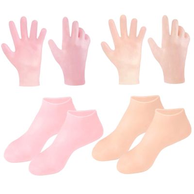 4 Pairs Silicone Socks and Silicone Gloves, Soft Elastic Foot Socks, Reusable Foot Moisturizing, for Dry Cracked Feet Women