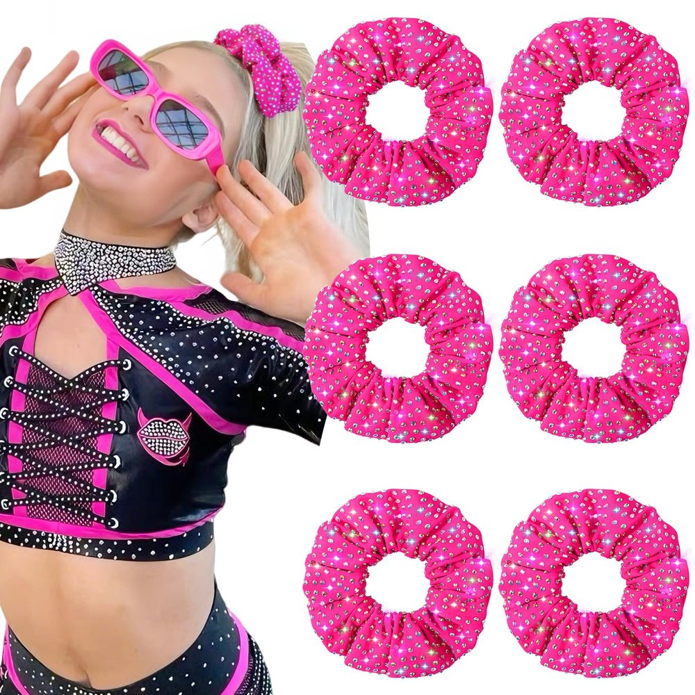 CEELGON 6 PCS Glitter Hot Pink Rhinestone Scrunchies for Cheer Competition Sparkly Cheerleading Scrunchie Hair Accessories Elastic Band for Cheerleaders Girls (Hot Pink)