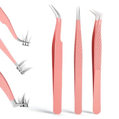3 Pcs Tweezers for Lashes, Eyelash Extension Tweezers Fiber Tip Diamond Grip Bent & Straight Tip High Precision Tweezer Non-Slip Grip for Professional Women Beginners