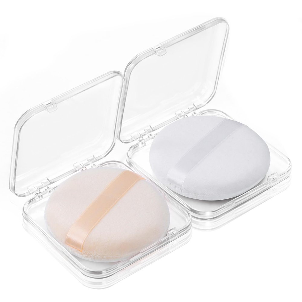 2 Pcs Powder Pads, 3.15 Inch Body Puff and Container, Fluffy Makeup Puff, Portable Soft Cotton Mak-up Puffs, Travel Soft Washable Reusable Dusting Powder Pad for Body, Makeup Face(White, Skin Color)