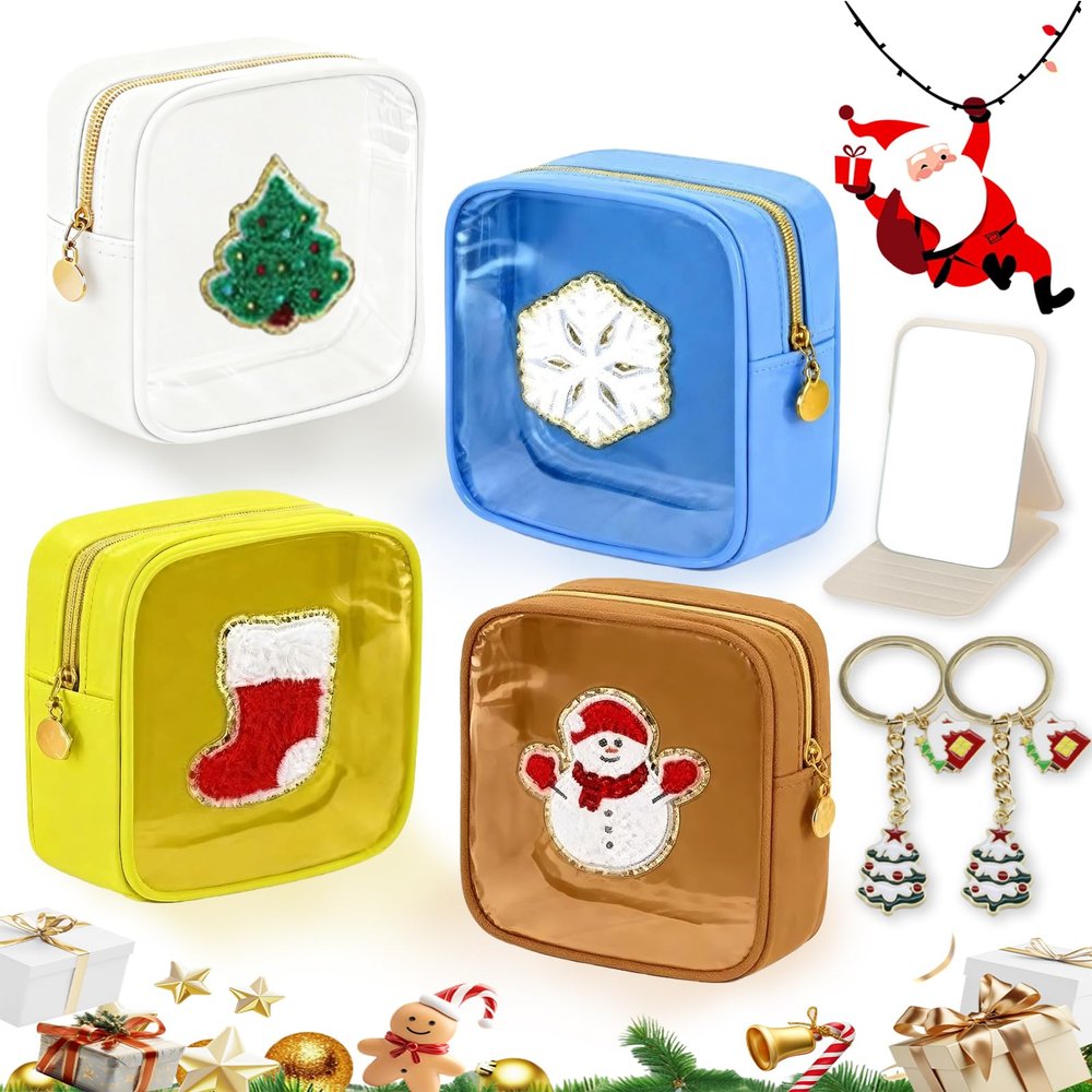 2026 New Mini Christmas Pouches, 2/4/12 Pack Clear Christmas Cosmetic Bags with Zipper, Waterproof Xmas Makeup Bag, Preppy Square Nylon Holiday Travel Skincare Pouches for Women Xmas Gift (4*B)