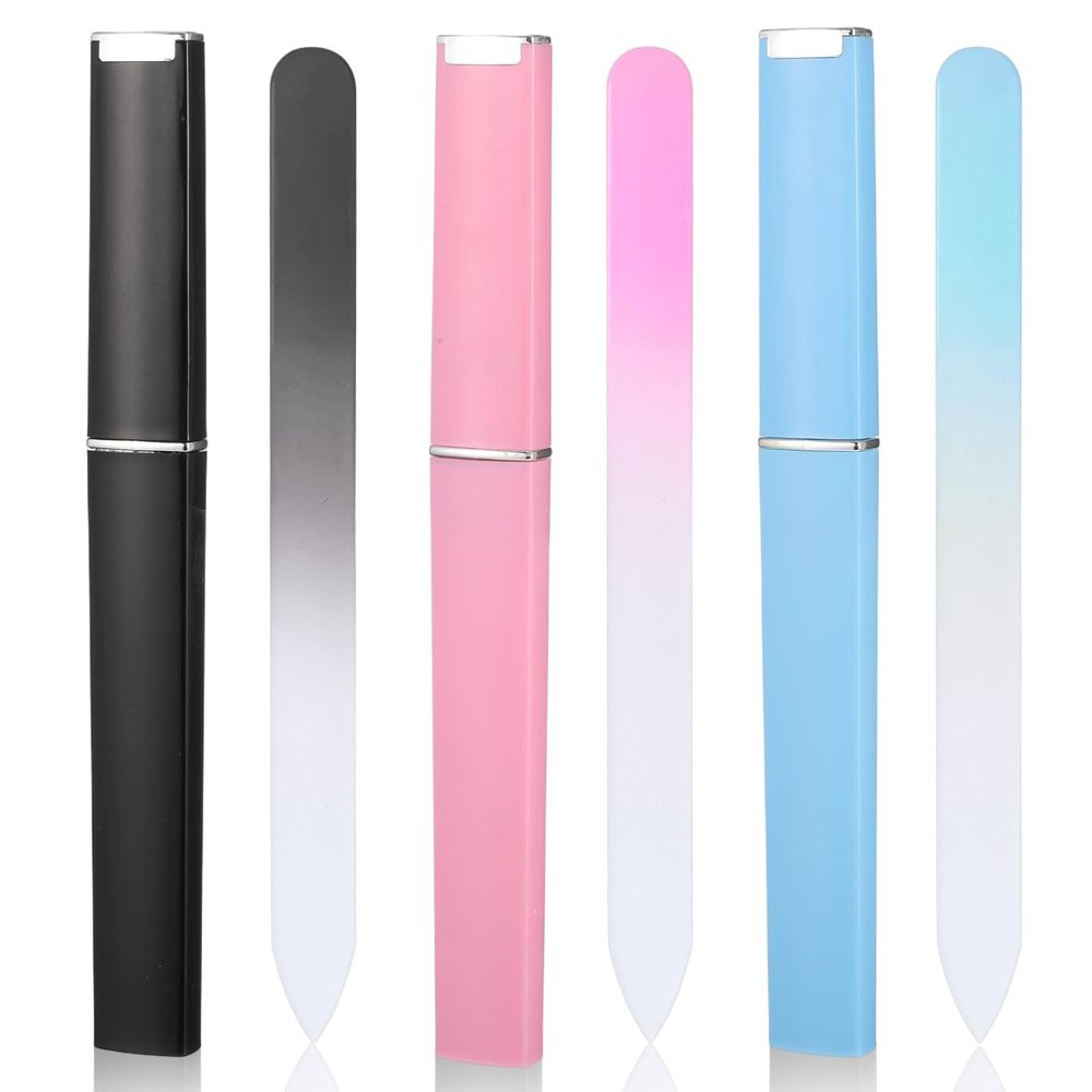3 Pack Glass Nail Files with Case, Crystal Fingernail File for Women, Double-Sided Glass Files for Natural, Pedicure, Artificial, Fake Nails