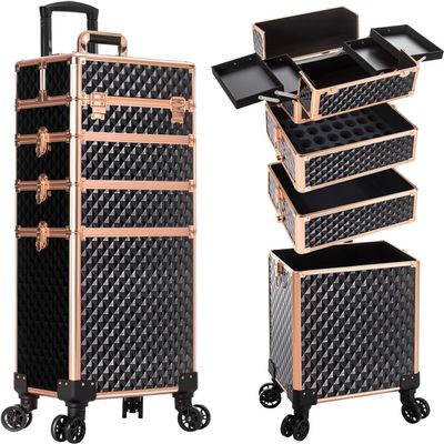 AROUS Rolling Makeup Train Case 4 in 1 Cosmetology Case on Wheels Large Storage Cosmetic Trolley with Key Salon Barber Case Traveling Cart Trunk,Black&Gold