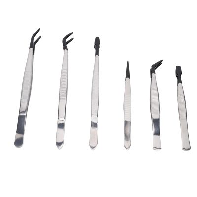 6Pcs Set Stainless Steel Tweezers Rubber Wrapped Head Multifunctional False Eyelash Tweezers for Makeup Application and Stamp Collection