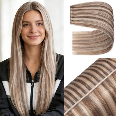 Butterfly Weft Hair Extensions Human Hair Invisible Genius Weft PU Hole Remy #P2C/8C Ash Brown with Platinum Blonde Highlights 18Inch 100g 2Pcs Double Sided Daily Style