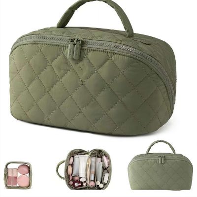 2026 Travel Makeup Bag for Women  180 Lay-Flat Waterproof Cosmetic Organizer with 5 Compartments & Handle, Puffy Padded Machine Washable Toiletry Case for Full-Size Bottles (Green)