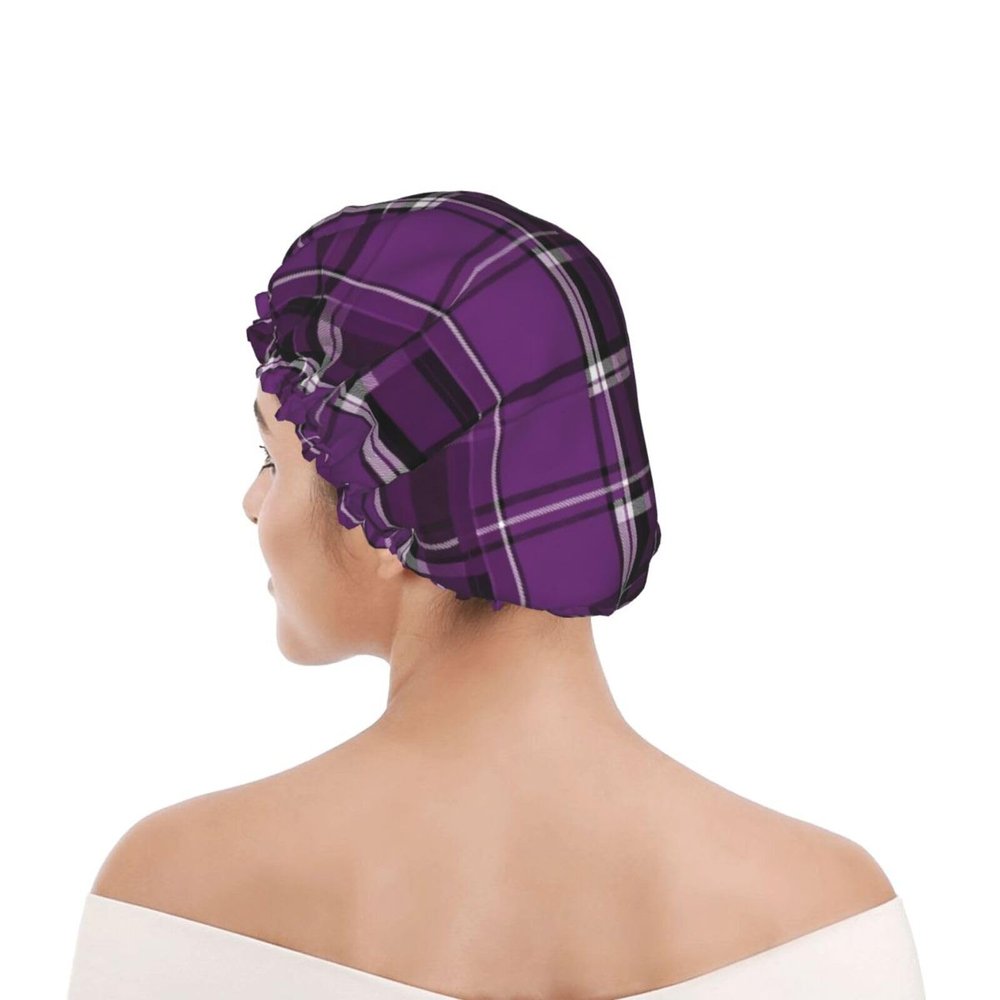 Waterproof Turban Shower Cap for Women, Purple And Black Tartan Plaid Scottish Pattern, Reusable Hair Cover with Elastic Trim for Bathing, Home Hotel & Spa Use