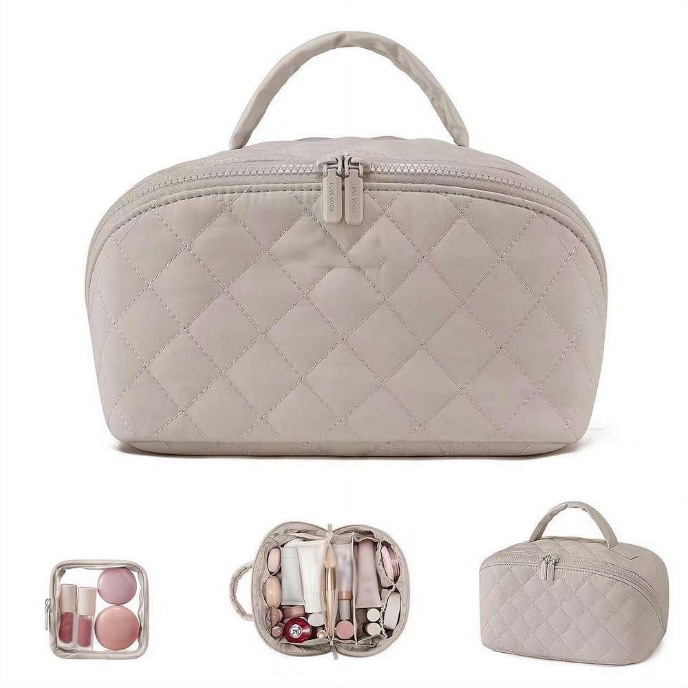 2026 Travel Makeup Bag for Women  180 Lay-Flat Puffy Cosmetic Organizer with 5 Compartments, Water-Resistant & Machine Washable Makeup Case,Puffy Padded Organizer for Toiletries,Ideal Gifts for Her