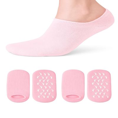 AKRILANE Moisturizing Socks for Women, Spa Gel Socks for Dry Cracked Feet, Softening Rough Feet Gel Lined Infused Lotion Spa Socks (Light Pink, 2 Pairs)