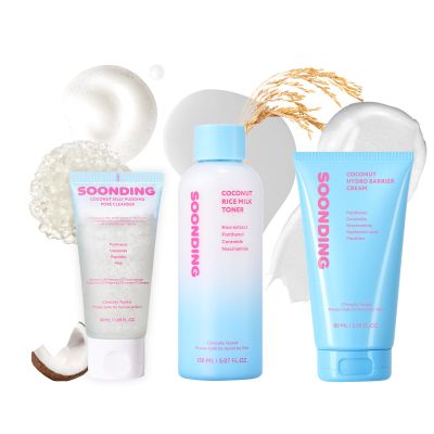 Coconut Korean Glass Skincare Triple Set - Coconut Jelly Pudding Pore Cleanser, Rice Milk Toner, Hydro Barrier Cream