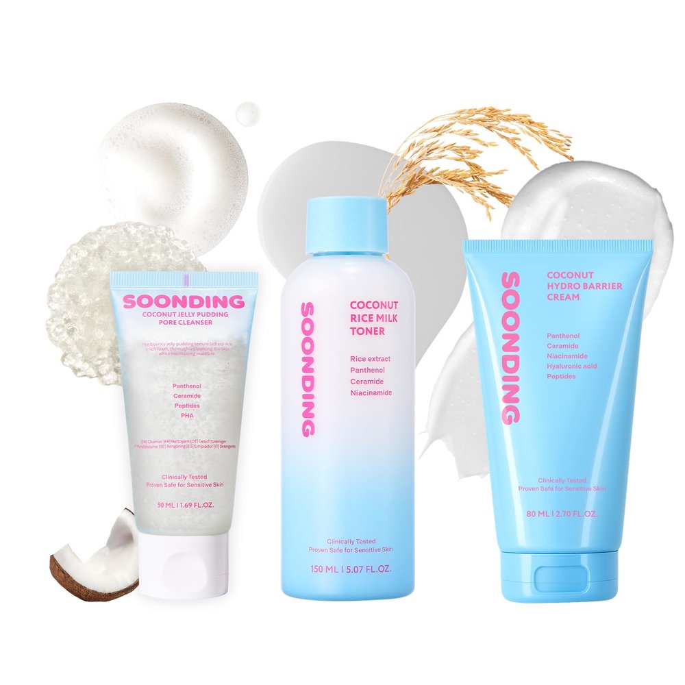 Coconut Korean Glass Skincare Triple Set - Coconut Jelly Pudding Pore Cleanser, Rice Milk Toner, Hydro Barrier Cream