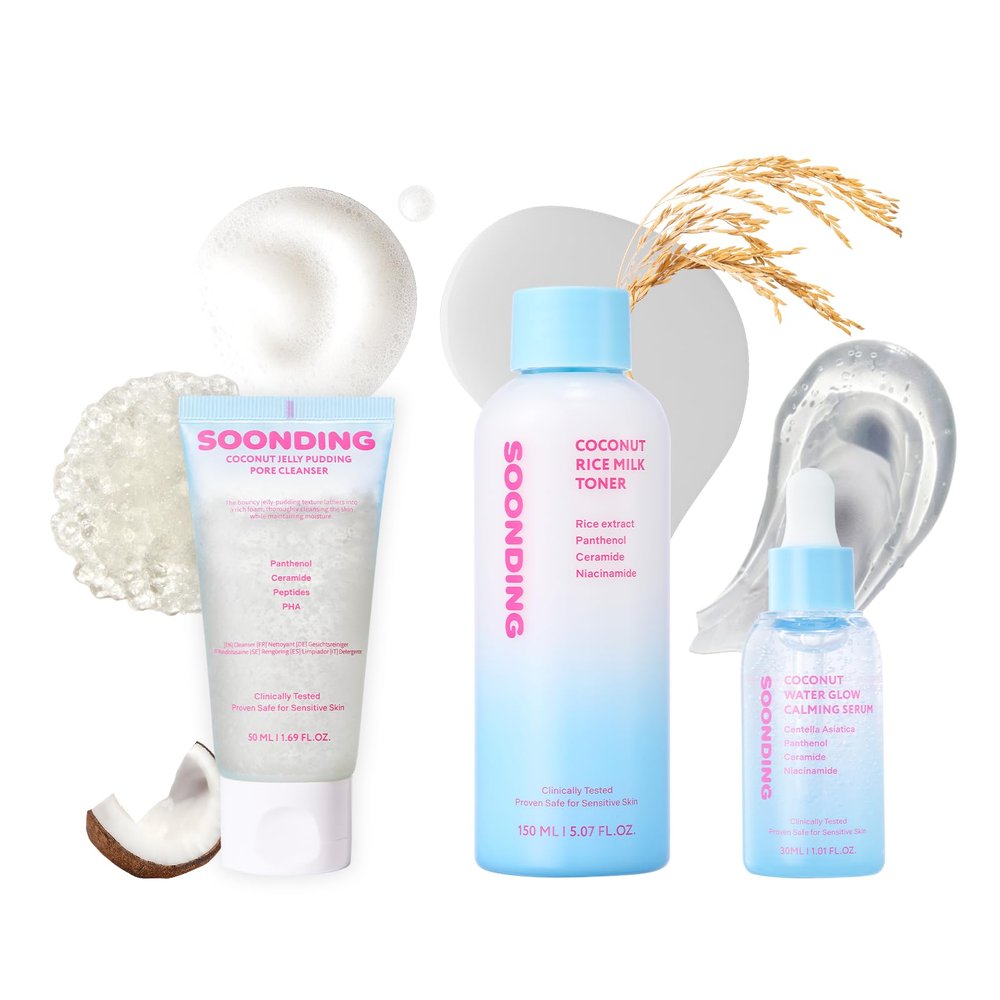 Coconut Korean Glass Skincare Triple Set - Coconut Jelly Pudding Pore Cleanser (50ml), Rice Milk Toner, Water Glow Calming Serum