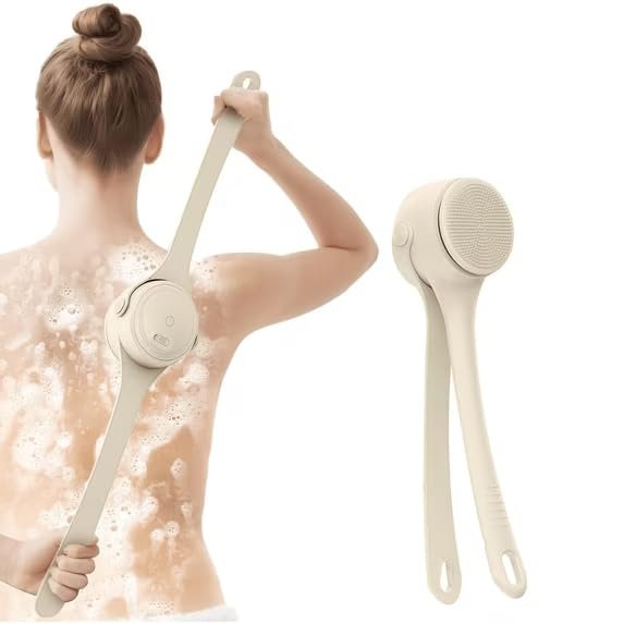 4-in-1 Electric Bath Brush, Shower Brush with Long Handle,2 Speed & Dual Handle,Waterproof Electric Body Brush for Cleaning,Exfoliating,Massaging Skin (Milky White)