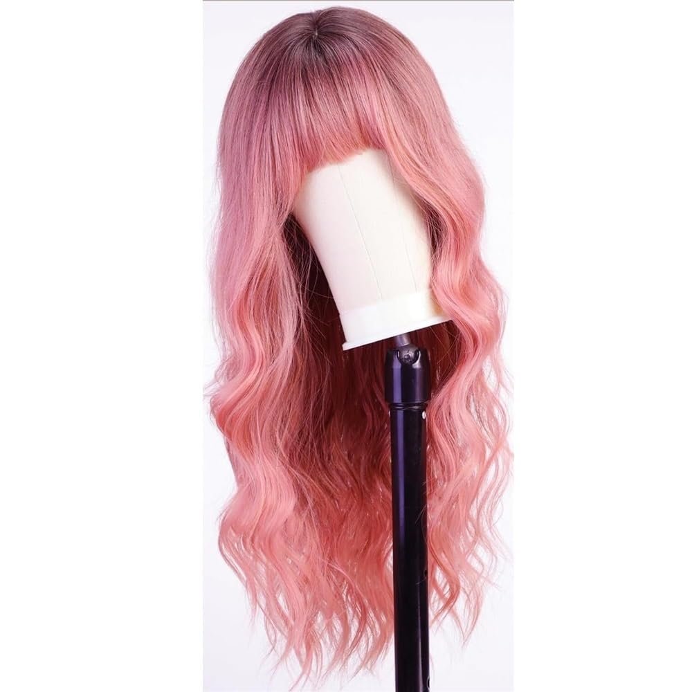 yinxx240708 26 inch Long Wave Wigs with Bangs,Curly Wigs for Women Heat Resistant Synthetic Wig for Women with Thinning Hair(1B/Pink)
