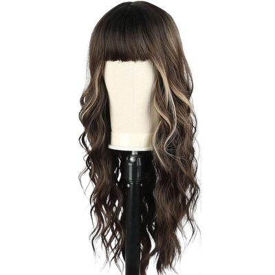 yinxx240708 26 inch Long Wave Wigs with Bangs,Curly Wigs for Women Heat Resistant Synthetic Wig for Women with Thinning Hair(Brown Highlight)