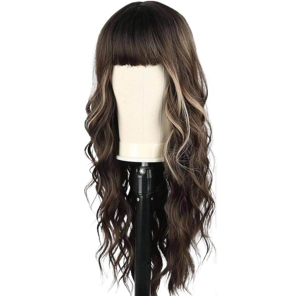 yinxx240708 26 inch Long Wave Wigs with Bangs,Curly Wigs for Women Heat Resistant Synthetic Wig for Women with Thinning Hair(Brown Highlight)