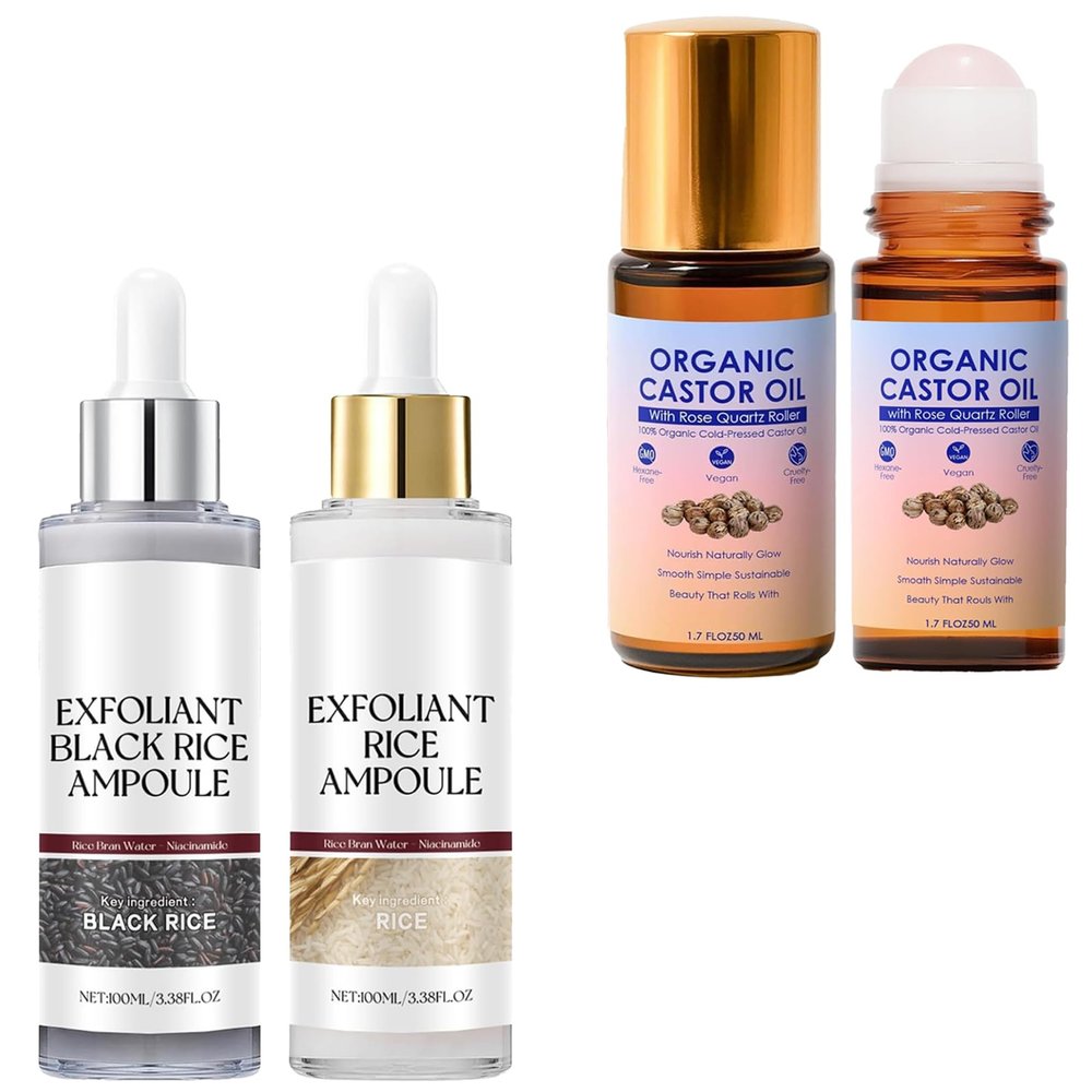 Glow Rice Ampoule Duo, 2PCS White & Black Rice Exfoliant + 2PCSOrganic Castor Oil Roll-On | the Dual-Action Resurfacing & Lift Set