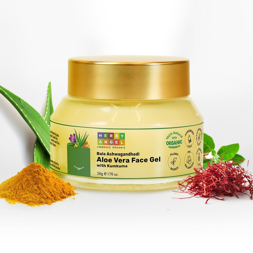 Herby Angel Aloe Vera Gel with Saffron for Babies and Kids, Soothes Irritated Skin & Hydrates, Daily Moisturizer, Organic, Dermatologically Tested, Non- Sticky, Gentle Skincare | 50g