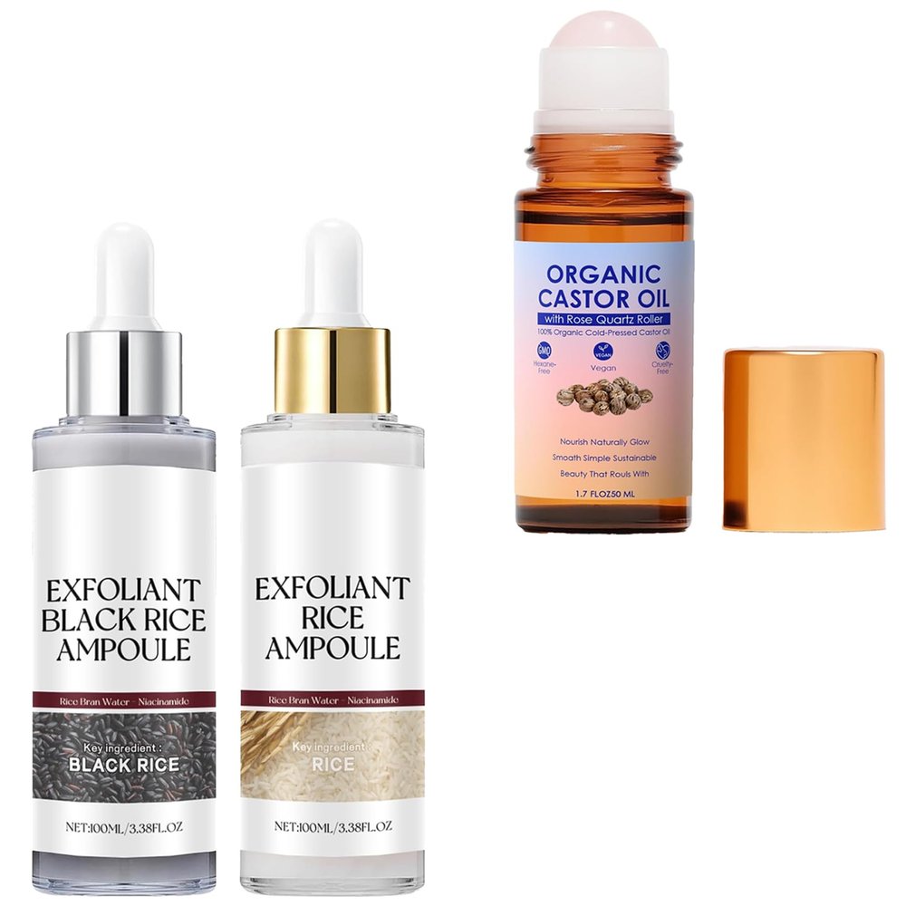 Glow Rice Ampoule Duo, 2PCS White & Black Rice Exfoliant + Organic Castor Oil Roll-On | the Dual-Action Resurfacing & Lift Set