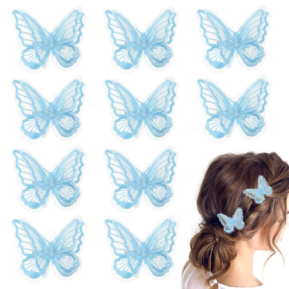 10Pcs Blue Butterfly Hair Clips Lace Embroidery Butterfly Hair Clips Cute Y2k Hairs Clip 90s Fairy Hairs Bow Pins Small Wedding Bridal Party Accessories for Girls Women Halloween Party Decor