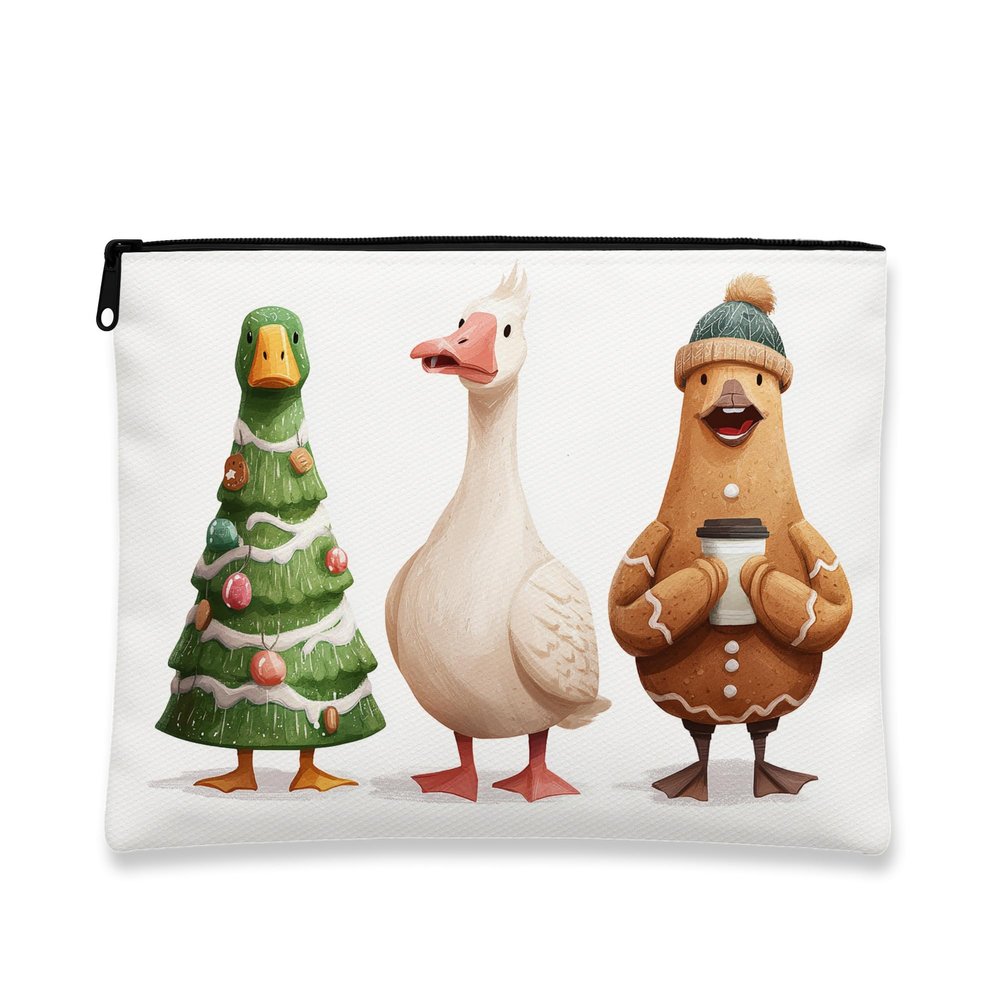 Christmas Duck Makeup Bag, Cute Cartoon Cosmetic Pouch for Women, Portable Canvas Zipper Organizer, Holiday Skincare Toiletry Bag 7x9 Inch