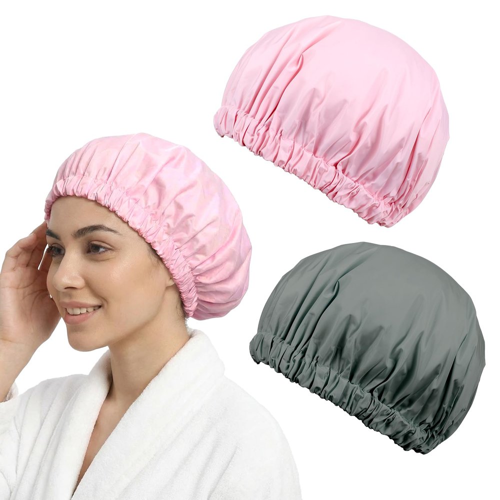 2 Pcs Reusable Shower Cap for Women Reusable Waterproof Large Shower Bonnet Washable Elastic Band Bath Hair Hat Double Layer Showers Caps Soft Non-Slip Washable Showers Bonnet for Most Hair Types