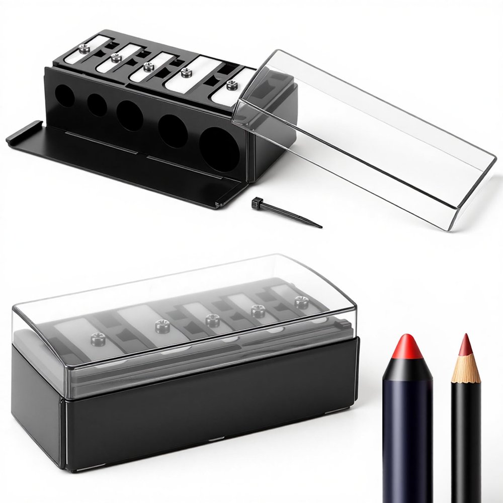 2 Pcs 5 Hole Cosmetic Long Point Manual Pencil Sharpener Makeup Eyeliner Pencil Sharpener with Plastic Lid Lip Liner Pencils Eyeliner Eyebrow Sharpeners Handheld Cosmetic Manual Tools for Women Black