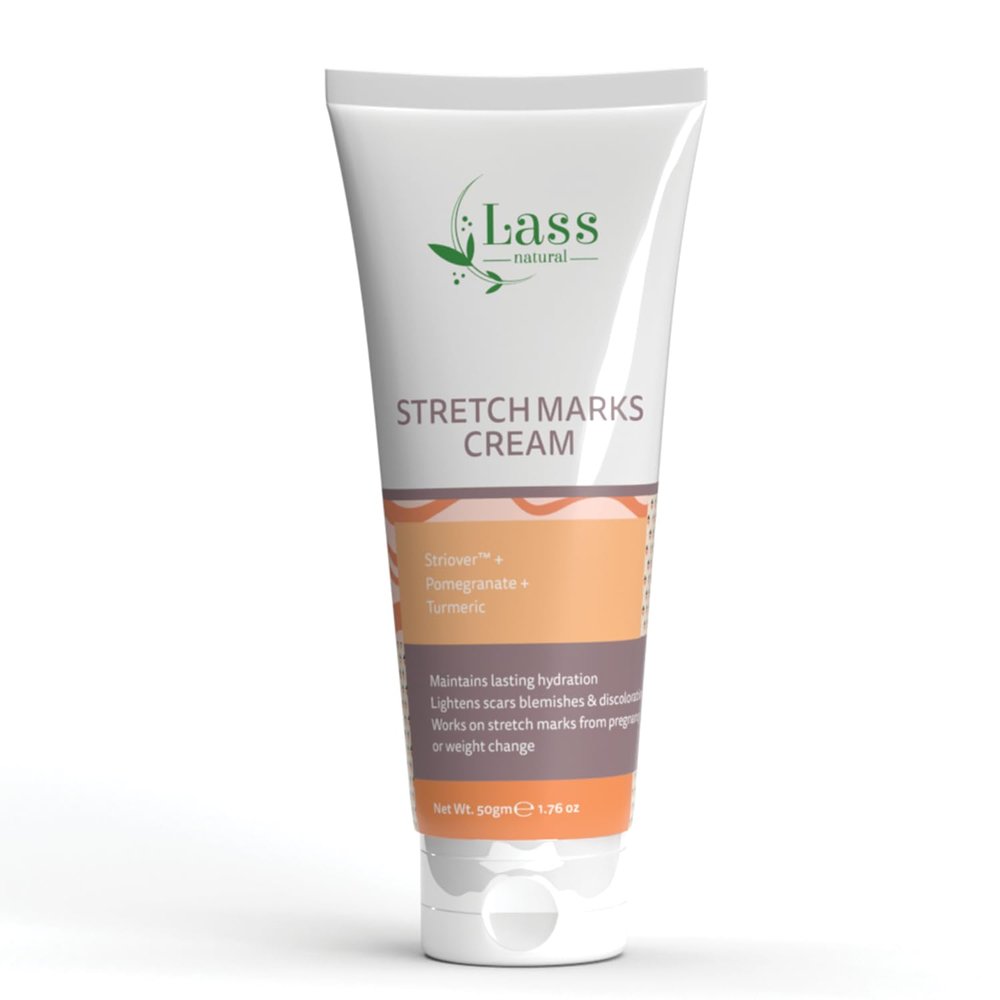 Lass Natural Stretch Marks Cream with Striover, Pomegranate & Turmeric | Pregnancy Safe | Hydrates, Lightens Scars & Improves Skin Elasticity -100GM