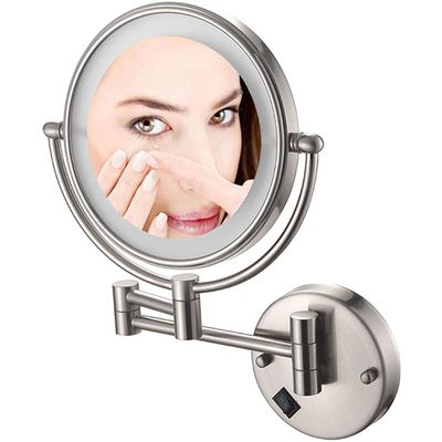 8 Inch Wall Mount Makeup Mirror for Bathroom, USB Rechargeable Magnification Vanity Mirror, Double-Sided 360 Rotatable Cosmetic Mirror Extendable Shaving Mirrors with Lights, Brushed Nickel