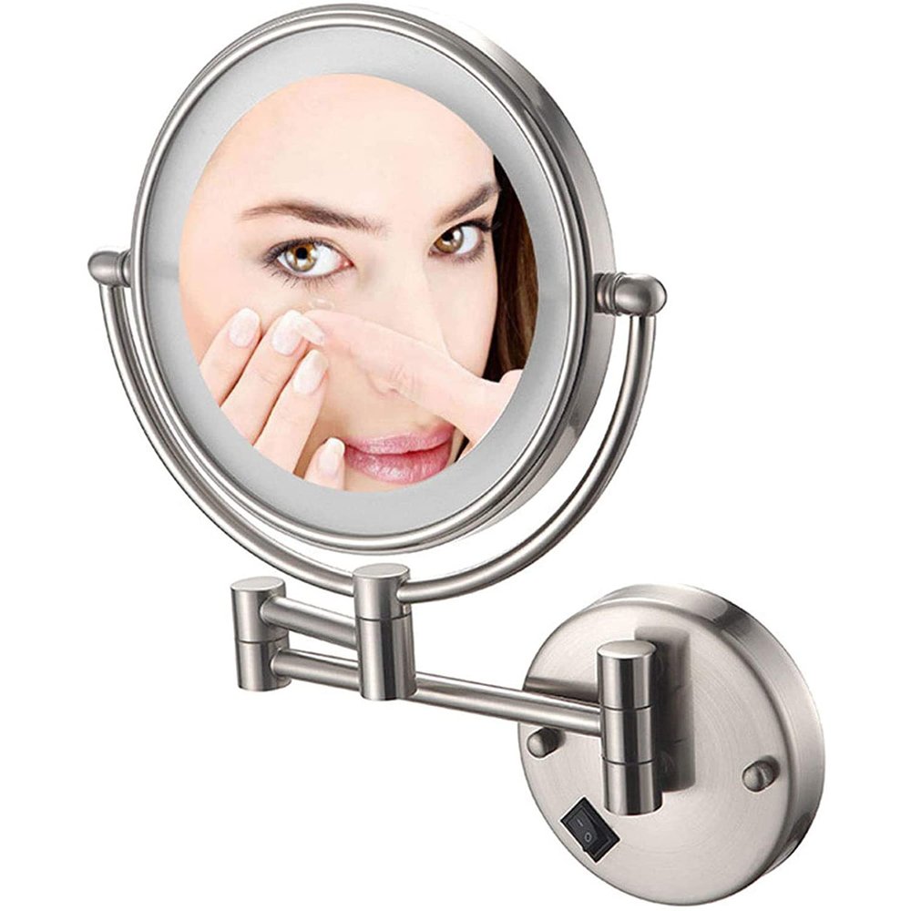 8 Inch Wall Mount Makeup Mirror for Bathroom, USB Rechargeable Magnification Vanity Mirror, Double-Sided 360 Rotatable Cosmetic Mirror Extendable Shaving Mirrors with Lights, Brushed Nickel