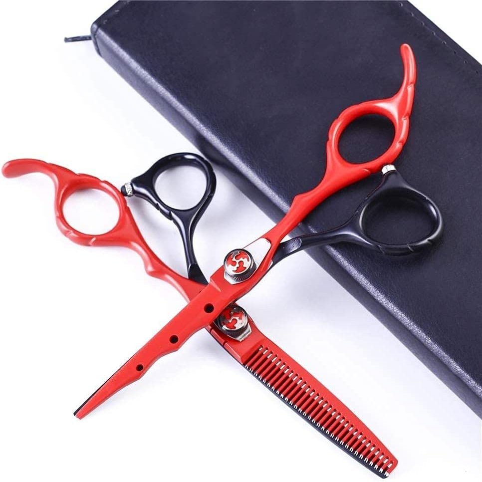 6" Hairdressing Scissor,Barber Hair Trim and Cut Thinning Hair Scissor Combination Set Hair and Hair Thinning Set for Barber Stylist and Home DIY Red