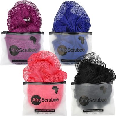 Afroscrubee African Net Sponge, 4 Pack, Nylon Mesh Bath Sponge, 8 x 4 x 1 Inches (Black, Pink, Purple and Royal Blue)