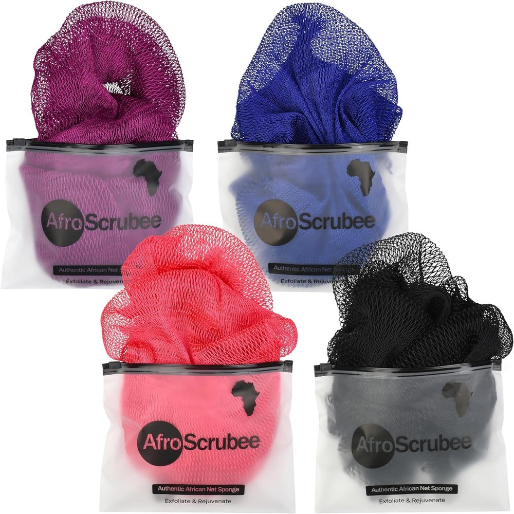 Afroscrubee African Net Sponge, 4 Pack, Nylon Mesh Bath Sponge, 8 x 4 x 1 Inches (Black, Pink, Purple and Royal Blue)