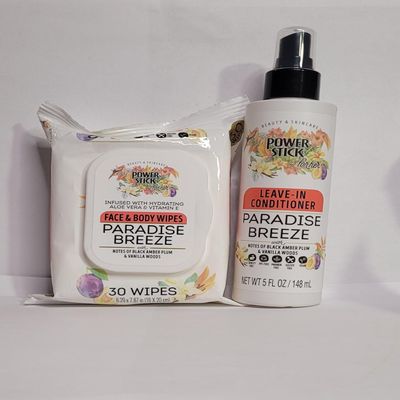 Paradise Breeze Beauty Set, Leave-In Conditioner 5 fl oz and Face Body Wipes 30 Count, Black Amber Plum