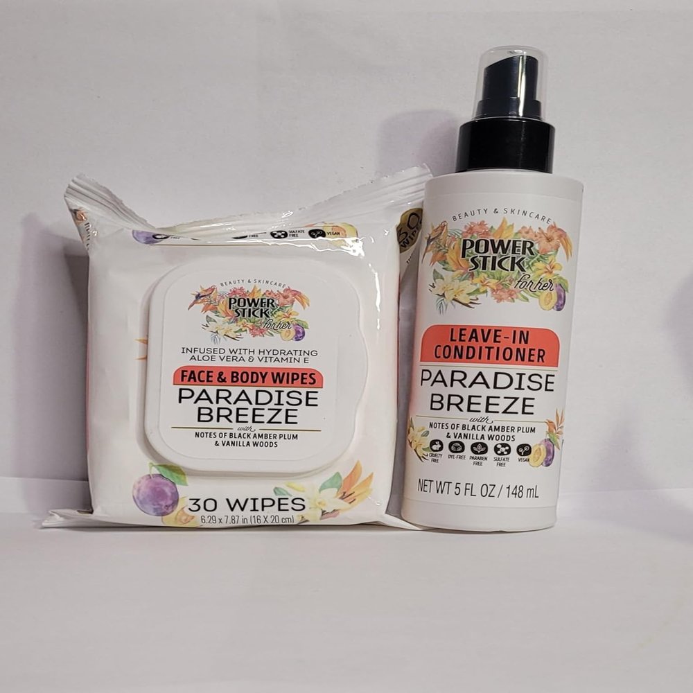 Paradise Breeze Beauty Set, Leave-In Conditioner 5 fl oz and Face Body Wipes 30 Count, Black Amber Plum