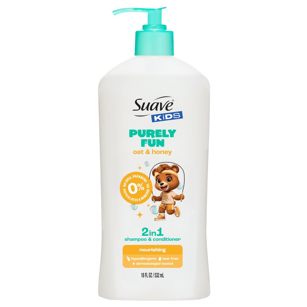 Suave Kids Purely Fun, Shampoo and Conditioner 2-in-1, Oatmeal and Honey, Tear Free, with 100% natural Oat & Honey, 0% dyes, parabens, phthalates and mineral oil, 18 oz