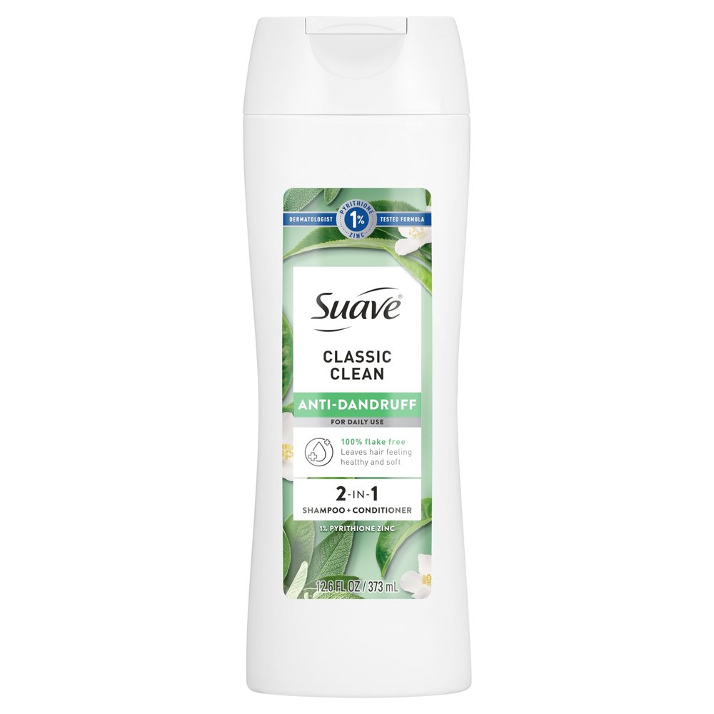 Suave Anti Dandruff 2 IN 1 Shampoo & Conditioner For Women, Classic Clean, 1% Pyrithione Zinc Dandruff Treatment, Controls Flakes, Itch & Dry Scalp, 12.6 FL OZ