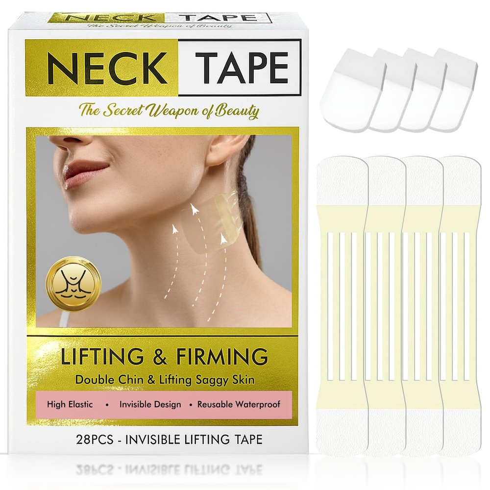 28PCS Neck Tape Lifting Invisible for Sagging Skin & Wrinkles, New Upgrade High Elasticity Breathable Face Tape (4 Elastic Bands + 20 Replacement Patches)