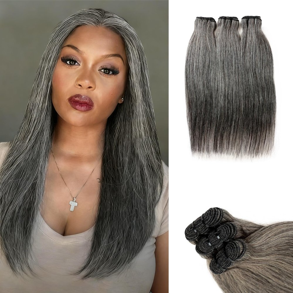 SIYUSI Salt and Pepper Human Hair Bundles 22 22 22 Inch Straight Human Hair 3 Bundles 100% Unprocessed 12A Brazilian Hair Weave Extensions Natural Gray-White Color